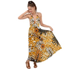 Leaf Yellow Point Flower White Backless Maxi Beach Dress by Grandong