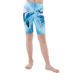 Dolphin Blue Sea Fantasy Kids  Mid Length Swim Shorts