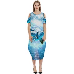 Dolphin Blue Sea Fantasy Cold Shoulder Loose Fit Dress With Pockets by Maspions