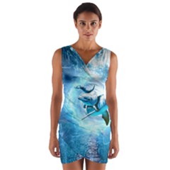 Dolphin Blue Sea Fantasy Wrap Front Bodycon Dress