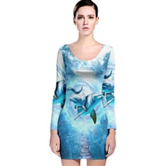 Dolphin Blue Sea Fantasy Long Sleeve Velvet Bodycon Dress