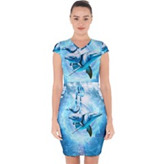 Dolphin Blue Sea Fantasy Capsleeve Drawstring Dress 