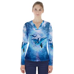 Dolphin Blue Sea Fantasy V-neck Long Sleeve Top