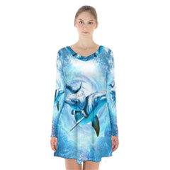 Dolphin Blue Sea Fantasy Long Sleeve Velvet V-neck Dress