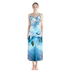 Dolphin Blue Sea Fantasy Button Up Chiffon Maxi Dress