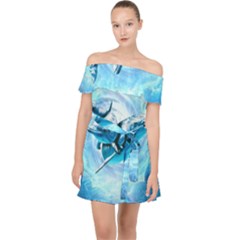 Dolphin Blue Sea Fantasy Off Shoulder Chiffon Dress