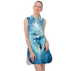 Dolphin Blue Sea Fantasy Sleeveless Shirt Dress by Maspions