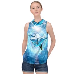 Dolphin Blue Sea Fantasy High Neck Satin Top