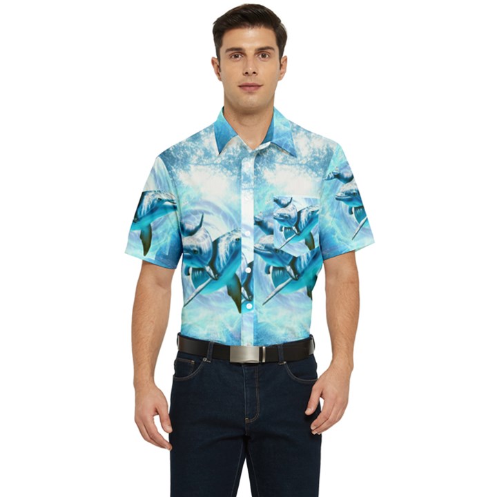 Dolphin Blue Sea Fantasy Men s Short Sleeve Pocket Shirt 