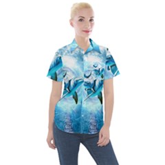 Dolphin Blue Sea Fantasy Women s Short Sleeve Pocket Shirt