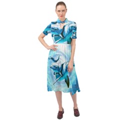 Dolphin Blue Sea Fantasy Keyhole Neckline Chiffon Dress by Maspions