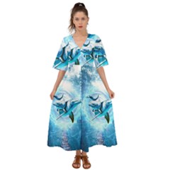 Dolphin Blue Sea Fantasy Kimono Sleeve Boho Dress