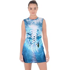 Dolphin Blue Sea Fantasy Lace Up Front Bodycon Dress