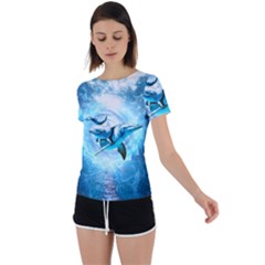 Dolphin Blue Sea Fantasy Back Circle Cutout Sports T-shirt