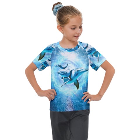 Dolphin Blue Sea Fantasy Kids  Mesh Piece T-shirt by Maspions