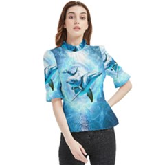 Dolphin Blue Sea Fantasy Frill Neck Blouse