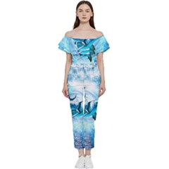 Dolphin Blue Sea Fantasy Bardot Ruffle Jumpsuit