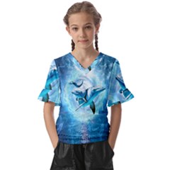 Dolphin Blue Sea Fantasy Kids  V-neck Horn Sleeve Blouse by Maspions