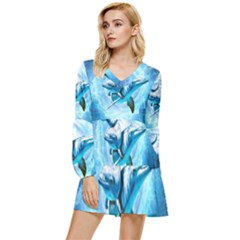 Dolphin Blue Sea Fantasy Tiered Long Sleeve Mini Dress