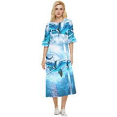 Dolphin Blue Sea Fantasy Double Cuff Midi Dress