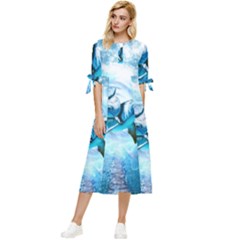 Dolphin Blue Sea Fantasy Bow Sleeve Chiffon Midi Dress by Maspions