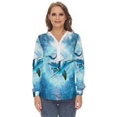 Dolphin Blue Sea Fantasy Zip Up Long Sleeve Blouse