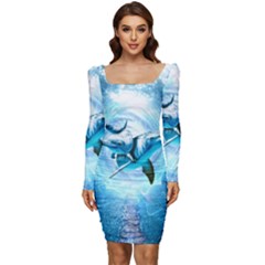 Dolphin Blue Sea Fantasy Women Long Sleeve Ruched Stretch Jersey Dress