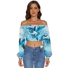 Dolphin Blue Sea Fantasy Long Sleeve Crinkled Weave Crop Top