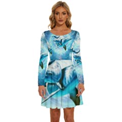 Dolphin Blue Sea Fantasy Long Sleeve Wide Neck Velvet Dress by Maspions