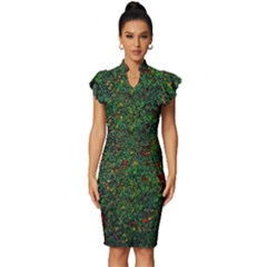 Grass Nature Meadow Vintage Frill Sleeve V-neck Bodycon Dress