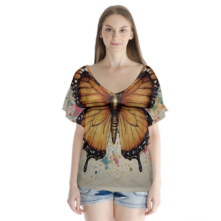 Butterflies of motivation V-Neck Flutter Sleeve Top