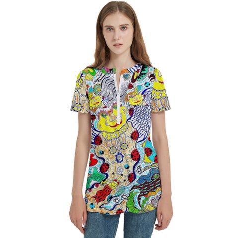 Supersonic Ladybug Angel Power Women s Zip Front V-neck Short Sleeve Casual Top Pocket Shirt by chellerayartisans