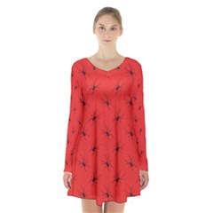 Spiders Pattern Seamless Arachnids Long Sleeve Velvet V-neck Dress