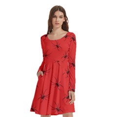 Spiders Pattern Seamless Arachnids Long Sleeve Knee Length Skater Dress With Pockets