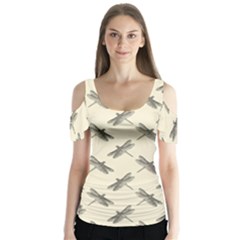 Dragonfy Insect Pattern Butterfly Sleeve Cutout T-shirt 