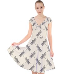 Dragonfy Insect Pattern Cap Sleeve Front Wrap Midi Dress