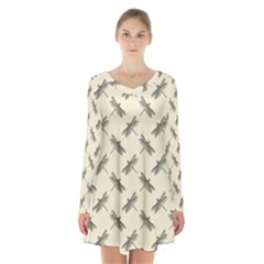 Dragonfy Insect Pattern Long Sleeve Velvet V-neck Dress