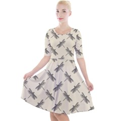 Dragonfy Insect Pattern Quarter Sleeve A-line Dress With Pockets