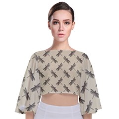 Dragonfy Insect Pattern Tie Back Butterfly Sleeve Chiffon Top