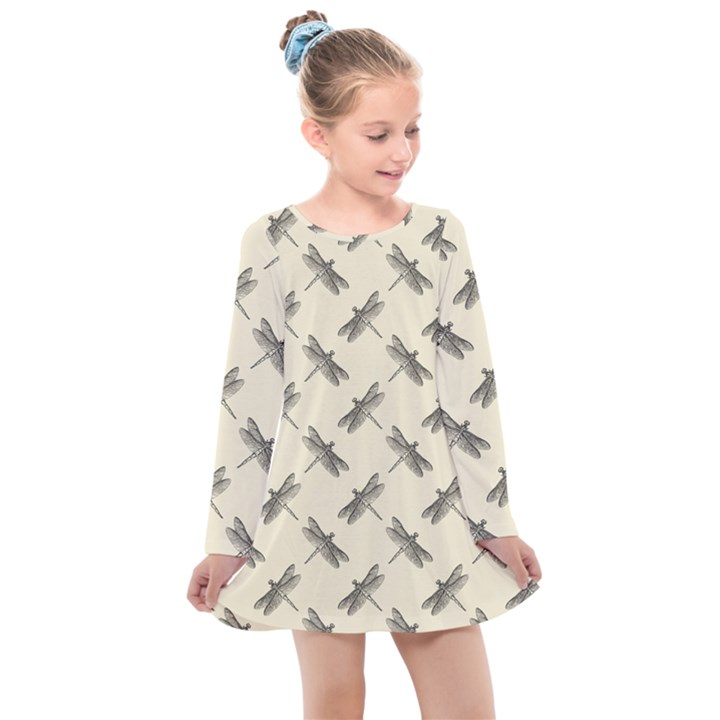 Dragonfy Insect Pattern Kids  Long Sleeve Dress