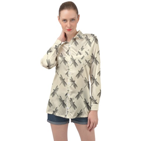 Dragonfy Insect Pattern Long Sleeve Satin Shirt by Maspions