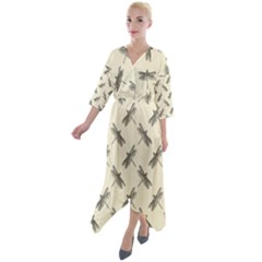 Dragonfy Insect Pattern Quarter Sleeve Wrap Front Maxi Dress