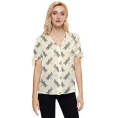 Dragonfy Insect Pattern Bow Sleeve Button Up Top