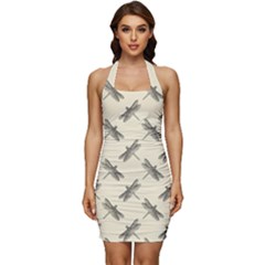 Dragonfy Insect Pattern Sleeveless Wide Square Neckline Ruched Bodycon Dress