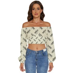 Dragonfy Insect Pattern Long Sleeve Crinkled Weave Crop Top