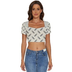 Dragonfy Insect Pattern Short Sleeve Square Neckline Crop Top 