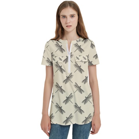 Dragonfy Insect Pattern Women s Zip Front V-neck Short Sleeve Casual Top Pocket Shirt by Maspions