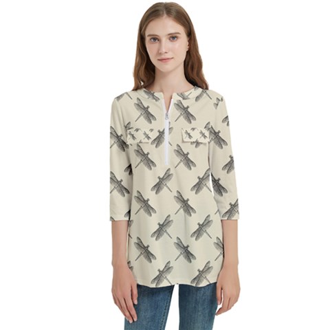 Dragonfy Insect Pattern Women s Zip Front V-neck 3/4 Sleeve Casual Top Pocket Shirt by Maspions