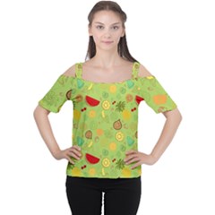 Art Fruits Pattern Cutout Shoulder T-shirt