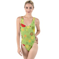 Art Fruits Pattern High Leg Strappy Swimsuit